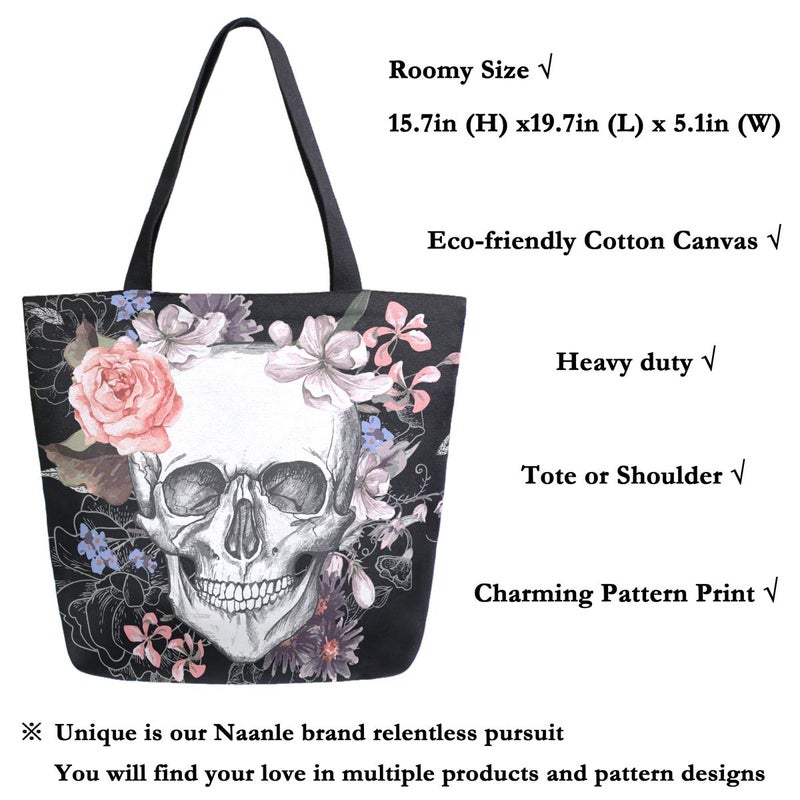Naanle Day of The Dead Canvas Tote Bag - Large Women's Casual Shoulder Handbag, Floral Skull Reusable Multipurpose Heavy Duty Shopping Grocery Cotton Bag for Outdoors - Image 2